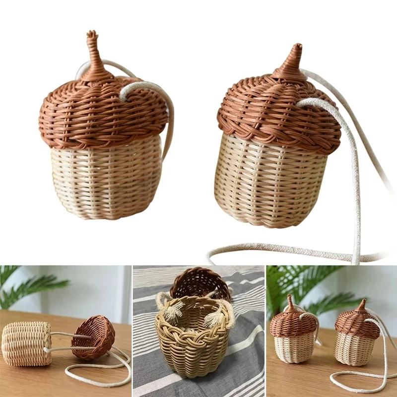 Neuer eichelförmiger Aufbewahrungskorb, handgewebt, rund, Rattan-Tasche, Eimer, tropischer Strandstil, gewebte Umhängetasche, Foto-Requisiten – Detail 2