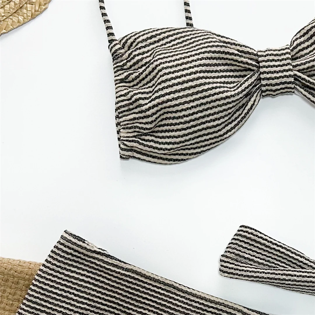 Neuer gestreifter Bikini mit Rock, hohem Beinausschnitt, dreiteiliger Bikini-Set, Damen-Badeanzug, Badebekleidung, Badeanzug, Schwimmbekleidung V5946 – Detail 12