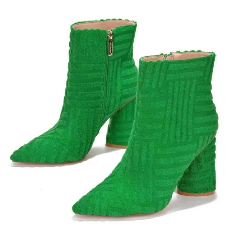 2023 New Women Luxury Brand Coarse Heel High Heel Fashion Green Towel Street Style Women\'s Boots Pointed Women\'s Boots Versatile