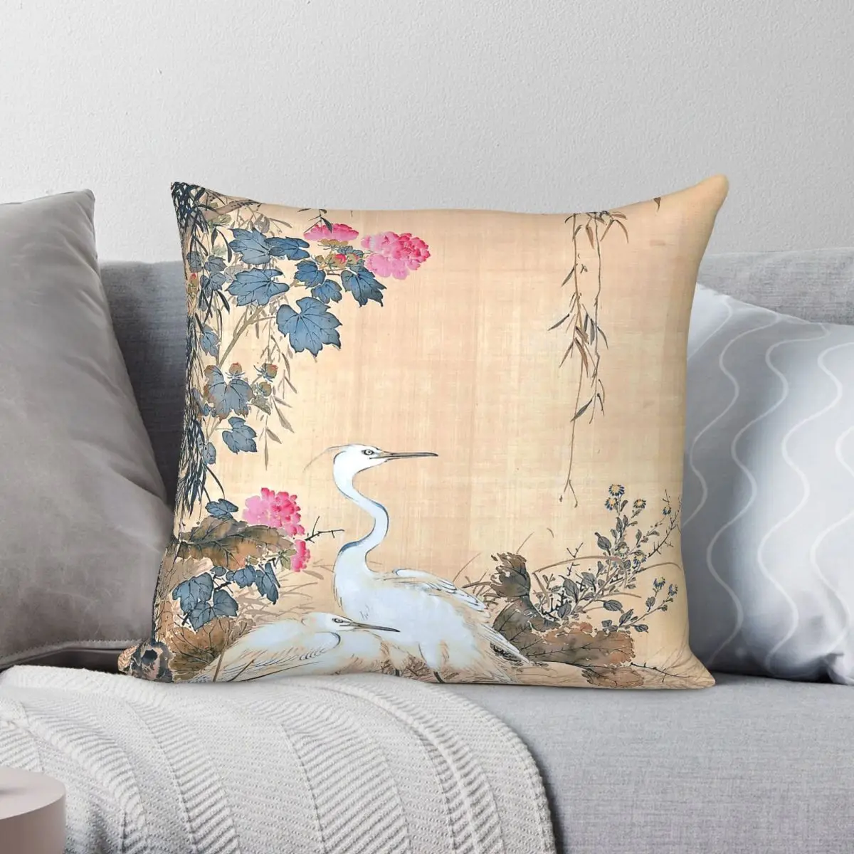 

Yamamoto Baiitsu Egrets Peonies Willows Square Pillowcase Polyester Linen Velvet Pattern Zip Decor Sofa Cushion Case 45x45