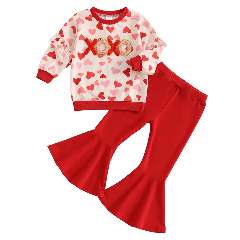 Toddler Girl Valentine’s Day Outfits Long Sleeve Ruffle Sweatshirt Flare Pants Set Toddler Clothes