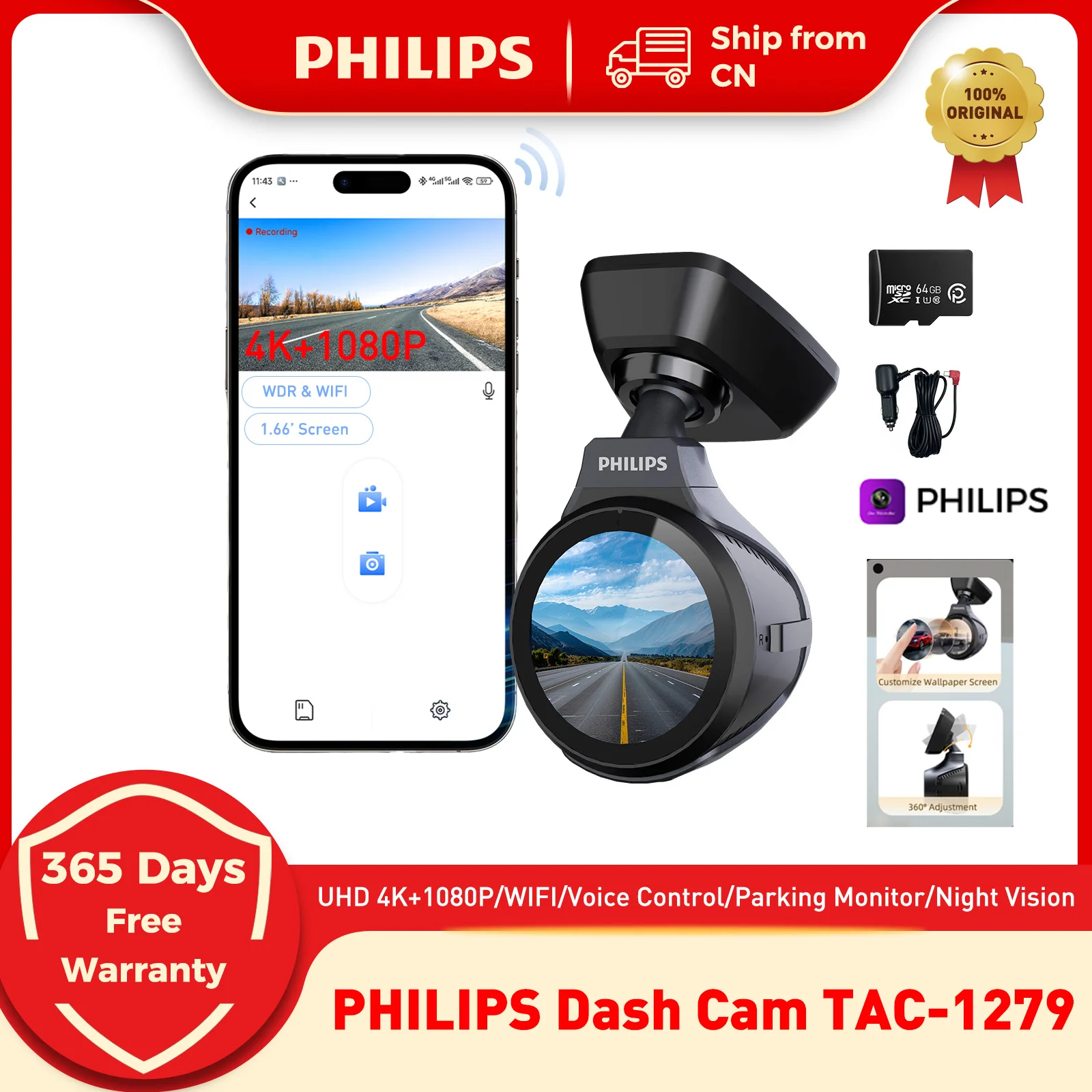 Câmera Veicular PHILIPS 4K+1080P com Visão Noturna, Wi-Fi, DVR Automotivo, Controle por Voz, Gravador de Vídeo, Modo de Estacionamento 24 Horas, 140° °   FOV