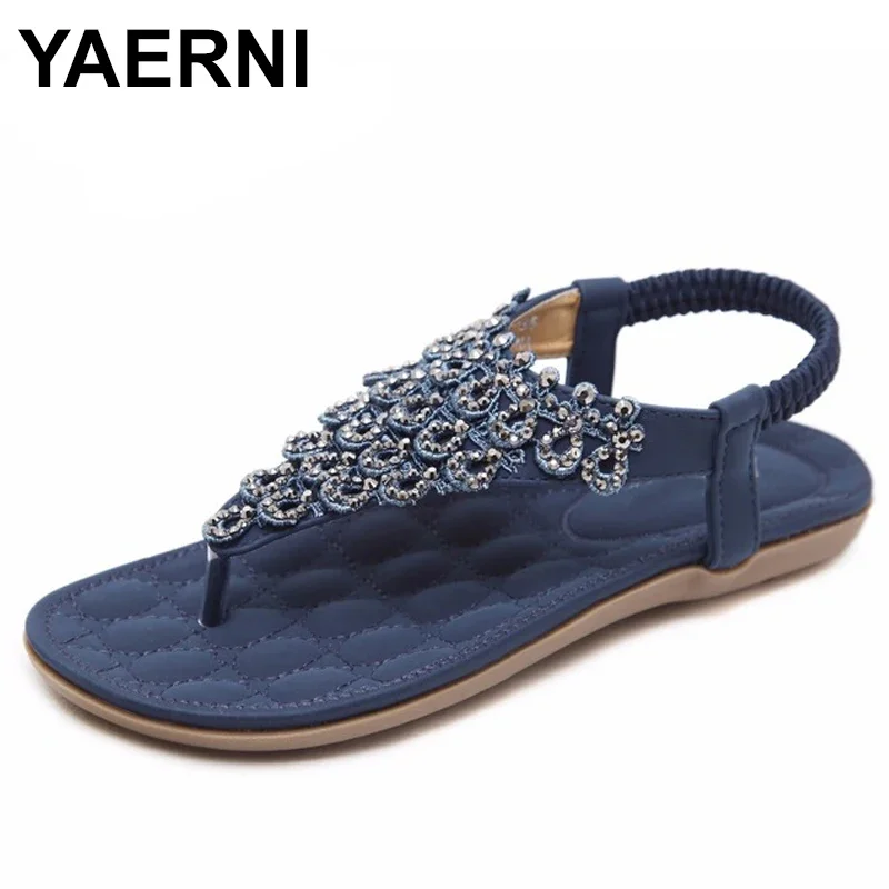 YAERNI  Women Ethnic Bohemia Flat Sandals Shoes Woman Crystal Flower Flip Flop Beach Sandals Casual Shoes size 35-42 Blue Beige