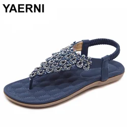 YAERNI  Women Ethnic Bohemia Flat Sandals Shoes Woman Crystal Flower Flip Flop Beach Sandals Casual Shoes size 35-42 Blue Beige