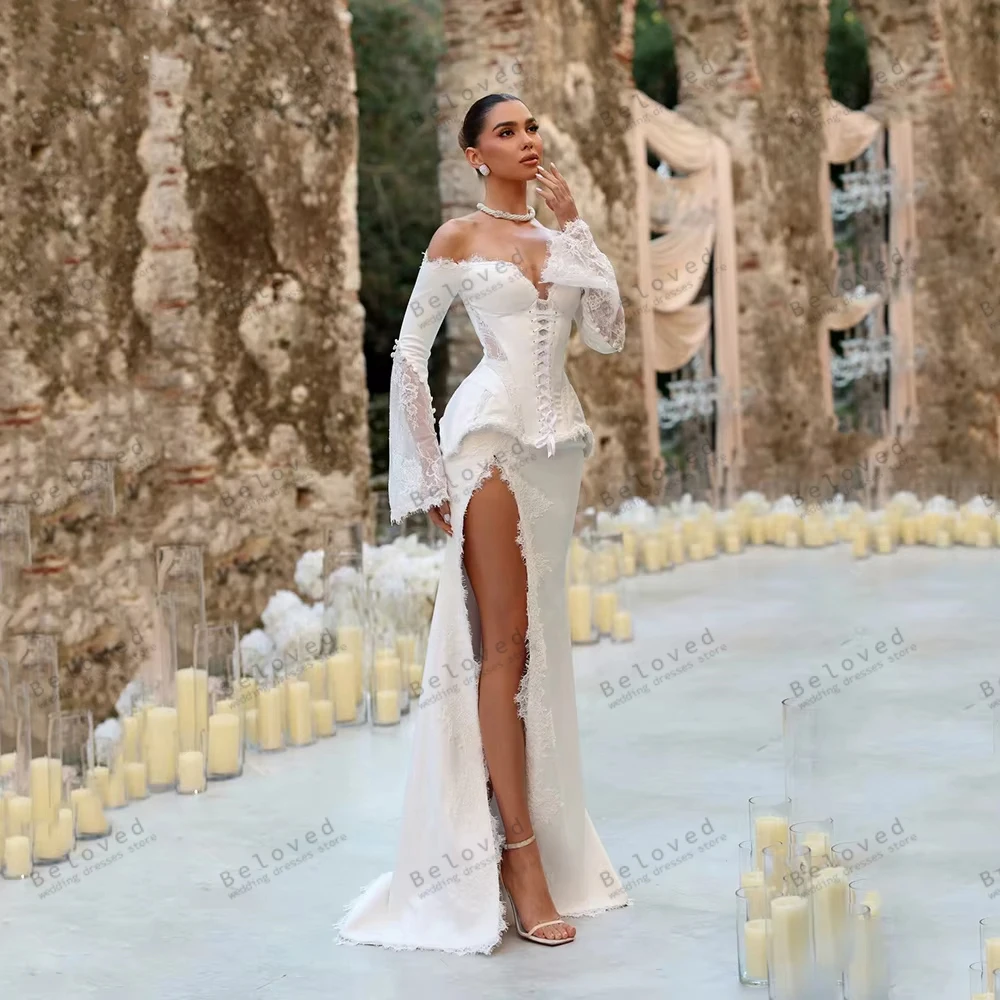 

Vintage Women's Wedding Glamorous Bridal Gowns Lace Tiered Robes Off The Shoulder Sexy High Slit Vestidos De Novia Customized
