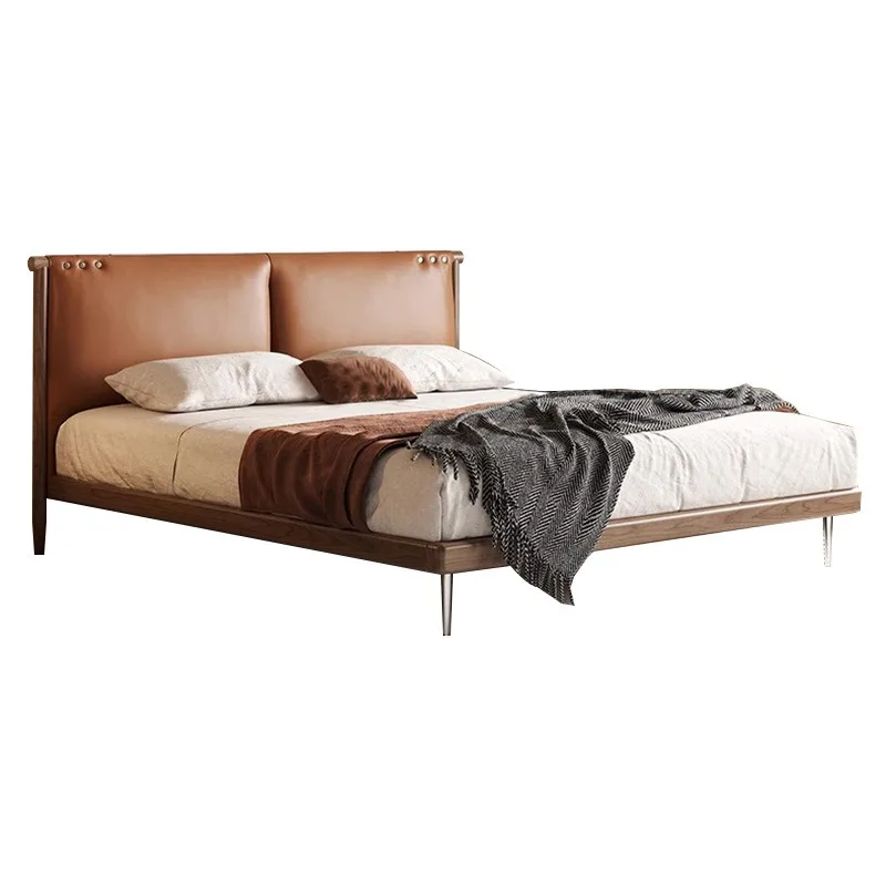 

Retro leather bed medium antique high-end solid wood bed 2025 new modern simple master bedroom double bed