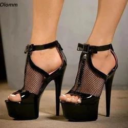 Olomm Handmade Women Platform Sandals Mesh Stiletto Heels Round Toe Black Red Party Shoes Ladies US Plus Size 5-20