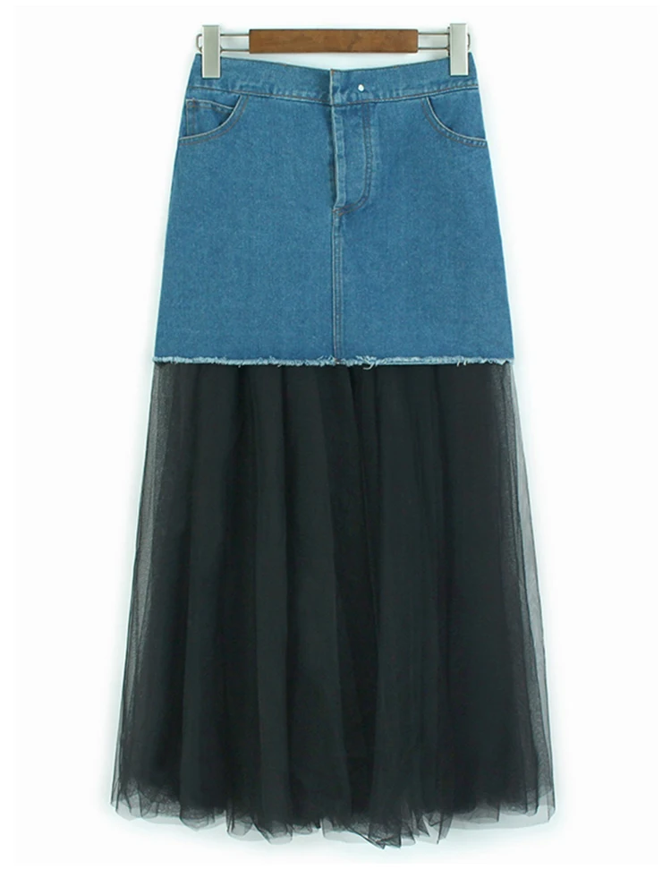 [Vibe] taille haute élastique maille noire épissé Denim élégant Midi demi-corps jupe femmes mode marée nouveau printemps automne 2025
