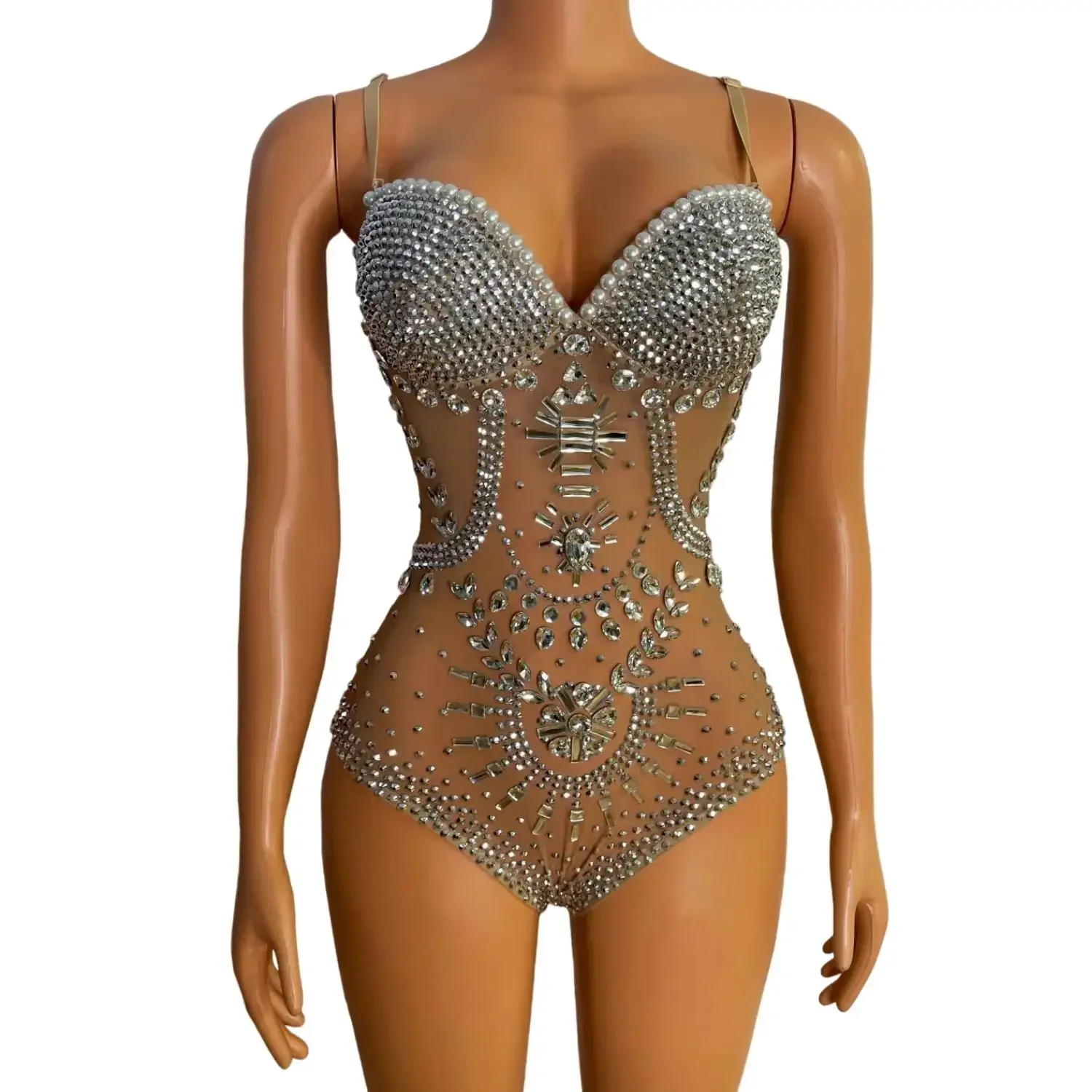 Women Rhinestone Pearl Bodysuit Appliques Sleeveless Bodycon Nightclub Dance Show Wear Party Evening Drag Queen Costume Jingtian