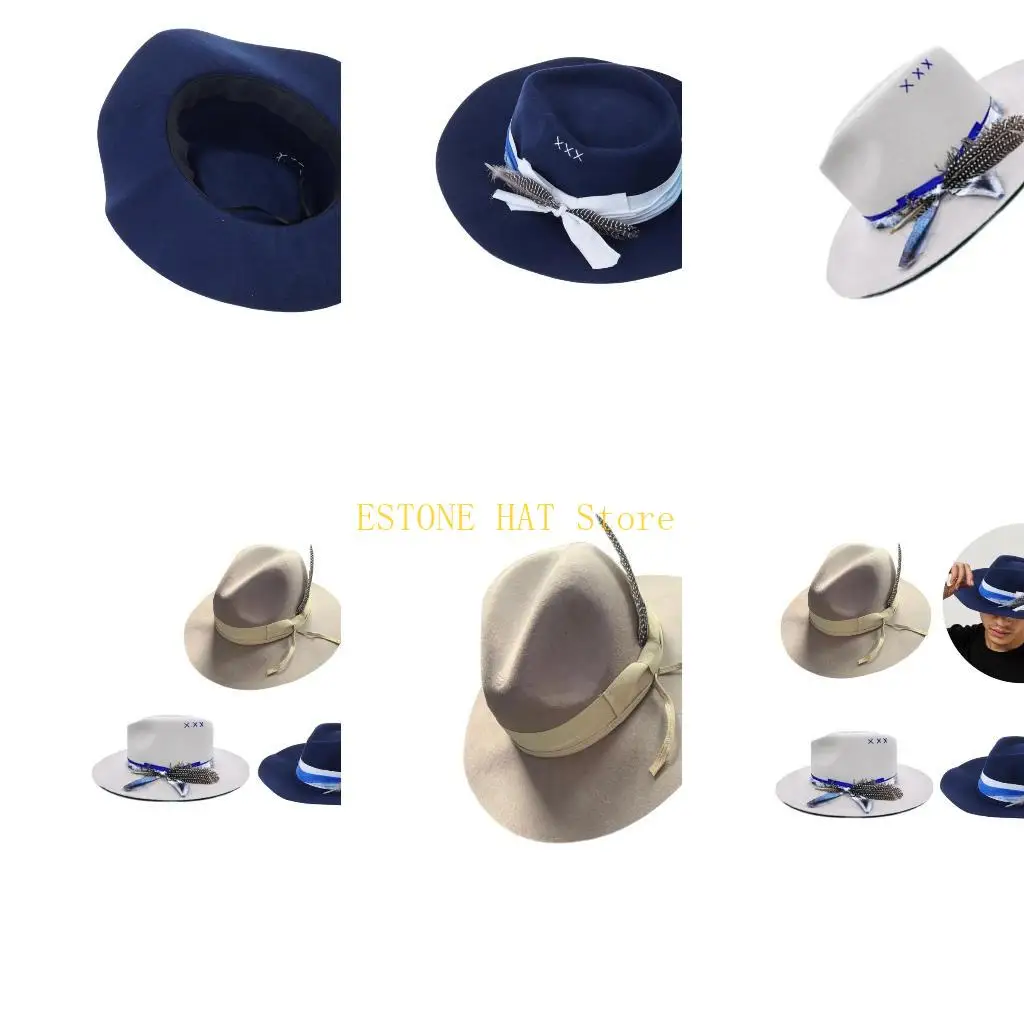 49MF Breathable Wool Western Hat Wide Brims Feathered Hat for Various Season Wear