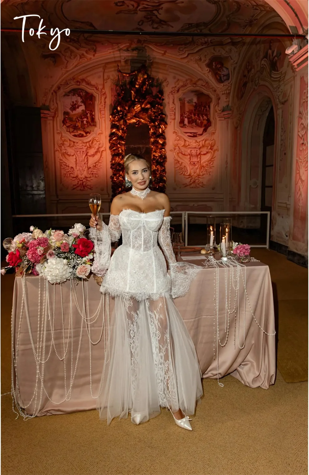 طوكيو مخصص الأبيض قبالة الكتف فساتين الزفاف انفصال الأكمام الدانتيل ثوب الزفاف أنيقة الكاحل طول ثوب الزفاف