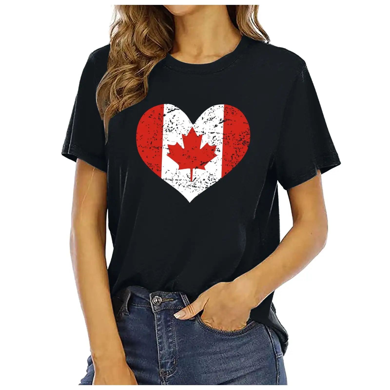 Bibifish Women's Canada Day T-Shirt Daily Wear Crew Neck Top Maple Leaf Canada Day Canadian Flag Print Short Sleeve Tee