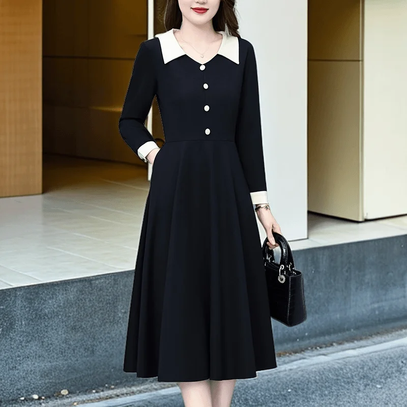 Women Contrast Lapel Button Front Long Sleeve Pocket Flared Midi Dress