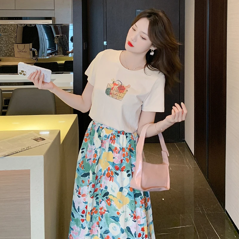 Elegant Fashion Harajuku Slim Fit Female Clothes Casual All Match Short Sleeve T-shirts Chiffon Printed Skirts Two Piece Set