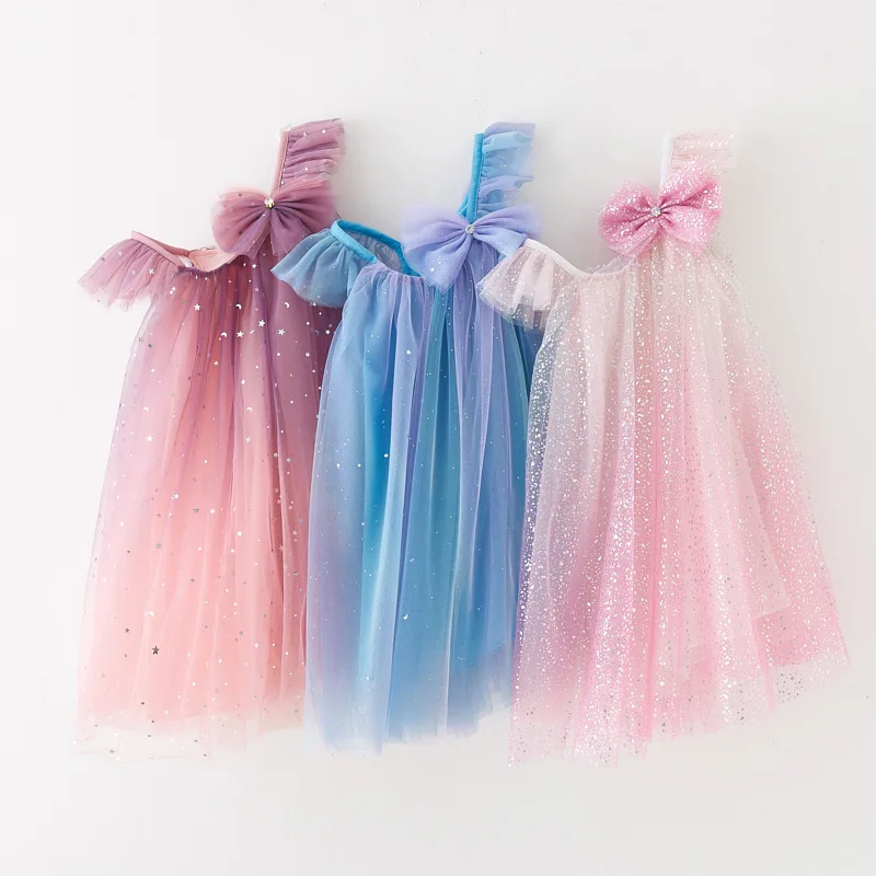 

Fashion Dresses For Girls Fly Sleeve Bow Hair Accessories Mesh Sequins Rainbow Dress Cute Kids Clothes Girl Party Princess Frock