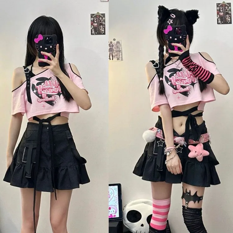 American Sexy Hollow Out Black Pink T-shirts 2024 Summer New Print Tee Shirt Y2k Grunge Off Shoulder Short Sleeve Tops Women