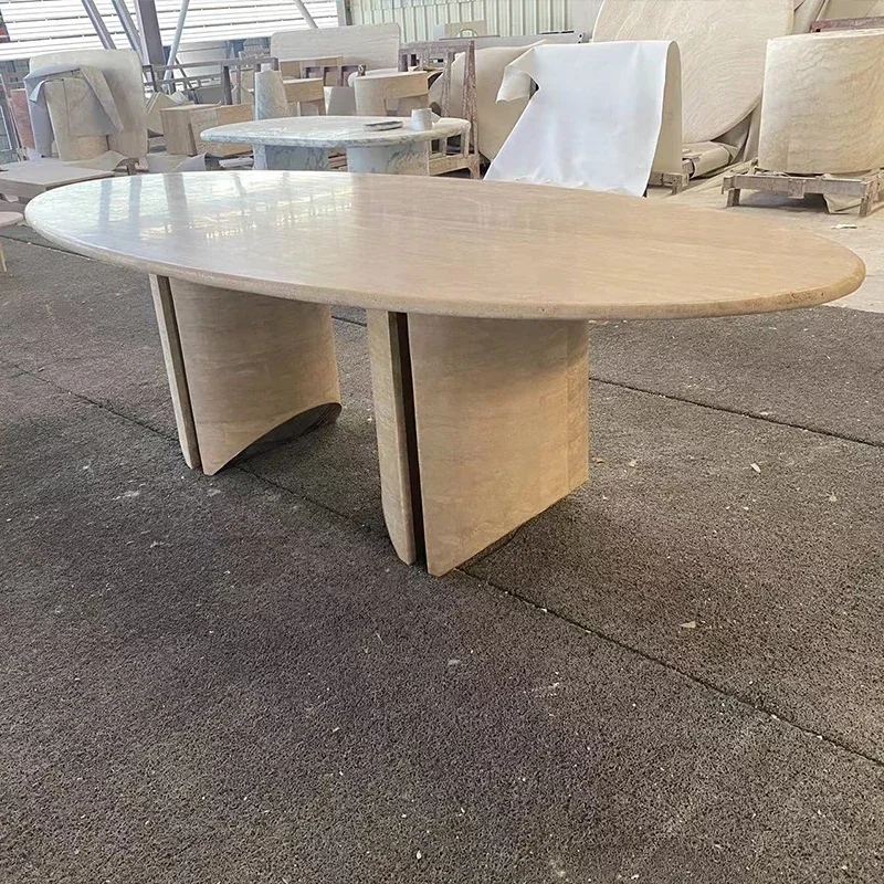 A  Wabi Sansan Minimalist Natural Travertine Marble Dining Table Villa Model Room Western Restaurant Oval Long Dining Table