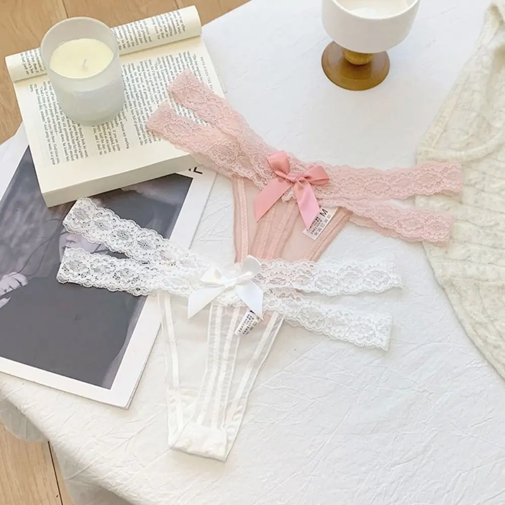 

Color Blocking Low Waist Lace Mesh Thongs Bowknot Sweet See Through Briefs Cotton Crotch Underpants Lace Strap Panties Daily