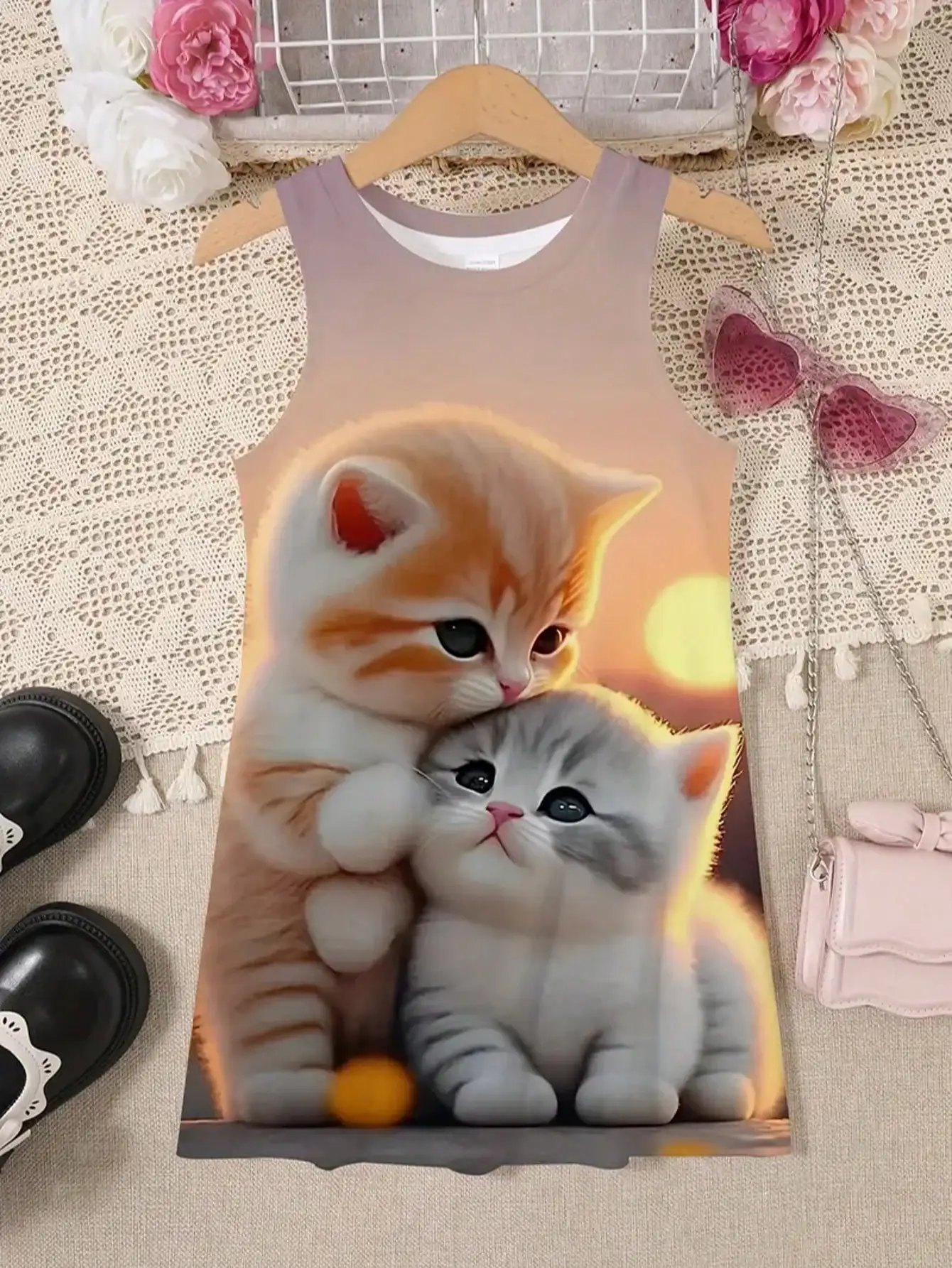 Women's fashionable sleeveless cute cartoon cat and sunset pattern printed dress, popular style