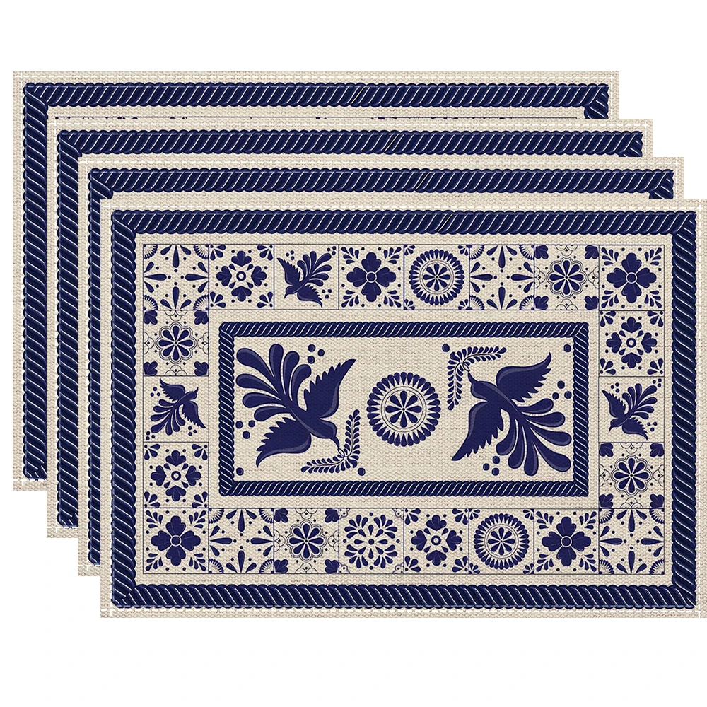 Talavera Tiles Floral Phoenix Fiesta Mexican Placemats Set Seasonal Fall Holiday Table Mats for Party Kitchen Dining Decoration