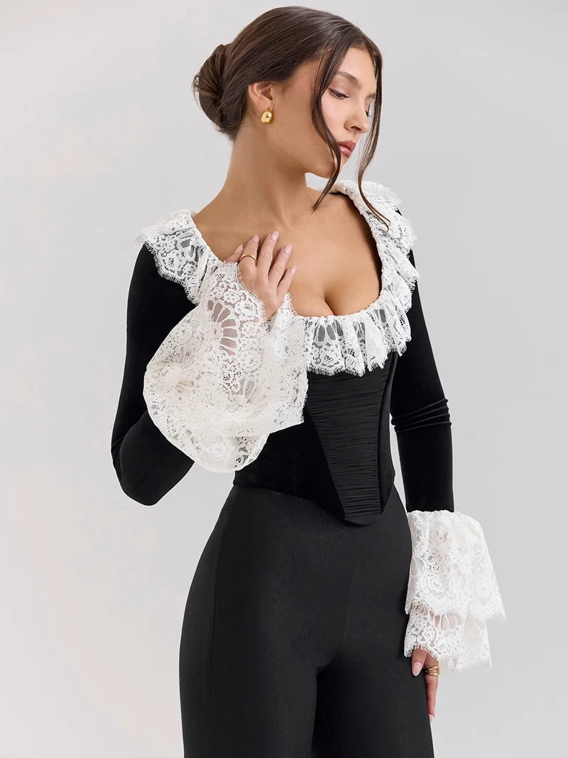 DGLUKE Black Velvet Corset Top Lace Trimed Long Sleeve Blouses For Women Elegant Autumn Winter Blouse Crop Top