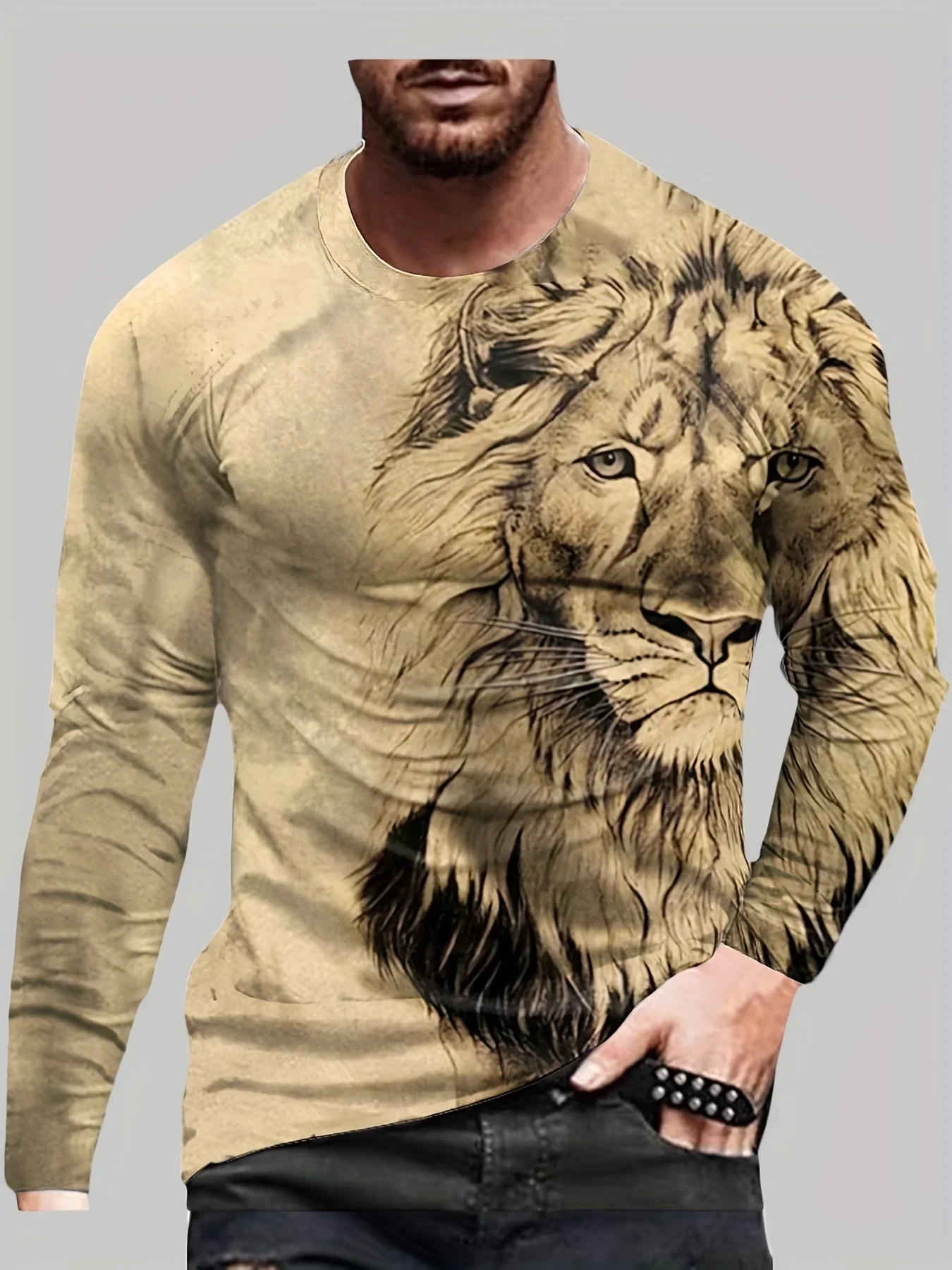 

Men's Portrait Lion Print Long Sleeve Autumn T Shirt Pullover Comfortable Fit Street Casual Shirt Bottom Top Plus Size Xs-7Xl