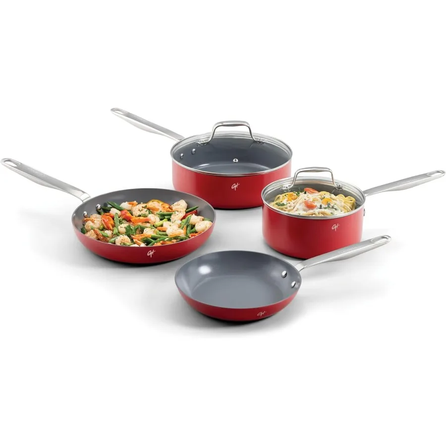 

Набор керамической посуды из 6 предметов с сковородой 8 и 10,2 Кастрюля 2QT Кастрюля для соуса 3,2QT с антипригарным покрытием, изготовленная без PFAS PTFE PFOA