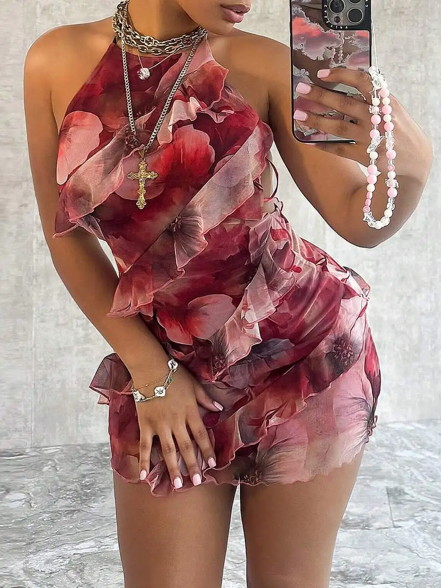 

Floral Print Halter Neck Ruffle Mini Dress with Backless Design