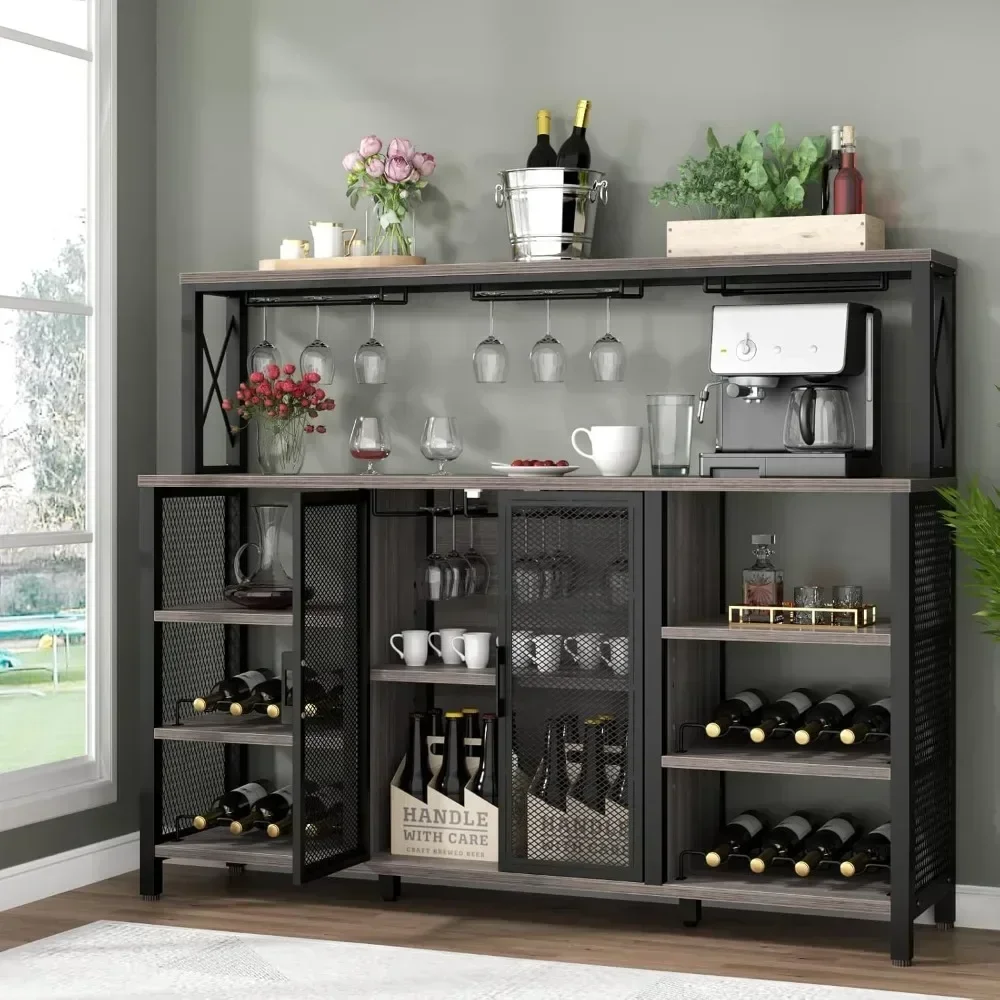 Wine Bar Cabinet, Kitchen Sideboard Buffet Cabinet, 55 Inches Industry Coffee Bar Cabinet with Wine Rack and Glass Holder