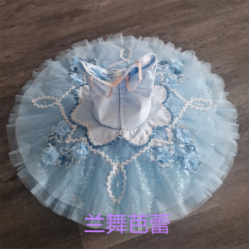 Vestido de balé tutu para meninas, desgaste profissional do desempenho, tamanho personalizado, 12 camadas, azul claro, trajes infantis