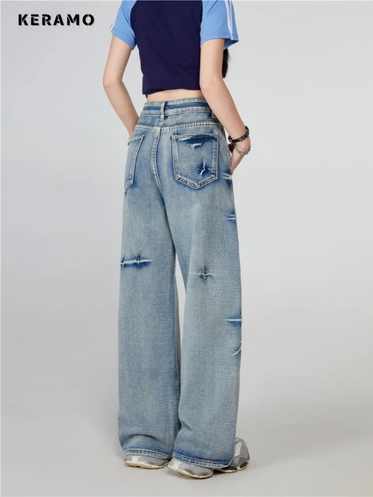 Jean baggy rétro à jambes larges pour femme, surintendant ser Harajuku, couleur unie délavée, taille haute, pantalon d'été décontracté, bleu des années 2024, 2000