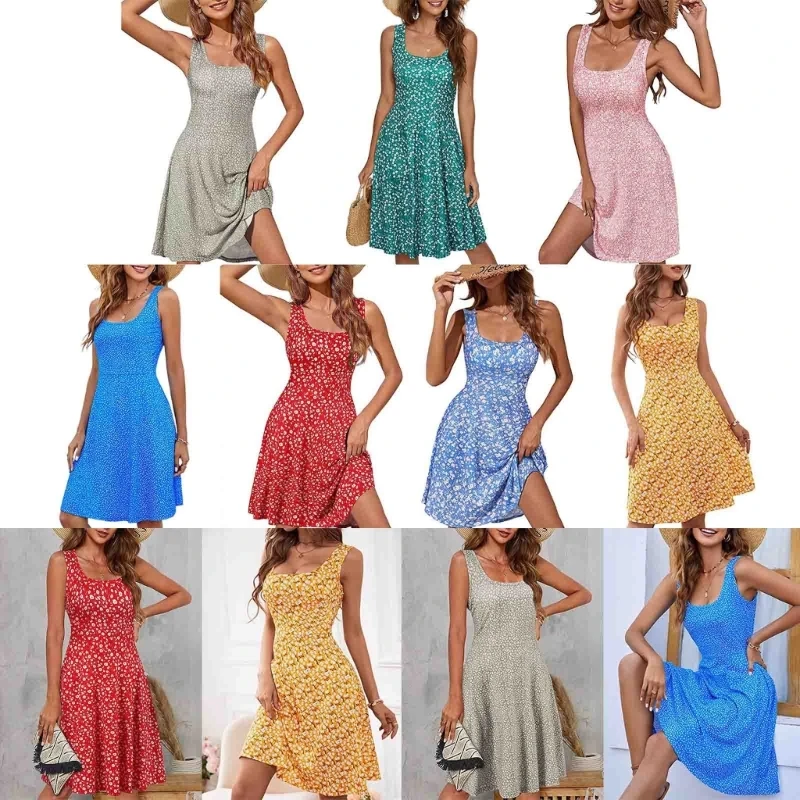 New Casual Womens Summer Midi Dress Floral Print Sleeveless Crewneck Beach Dresses