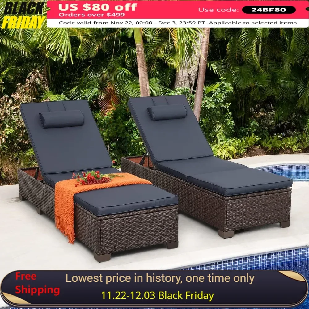 

Outdoor Lounger Set of 2, Rattan Recliners with Adjustable Backrest, and Cushions, PE Wicker Outdoor Lounger