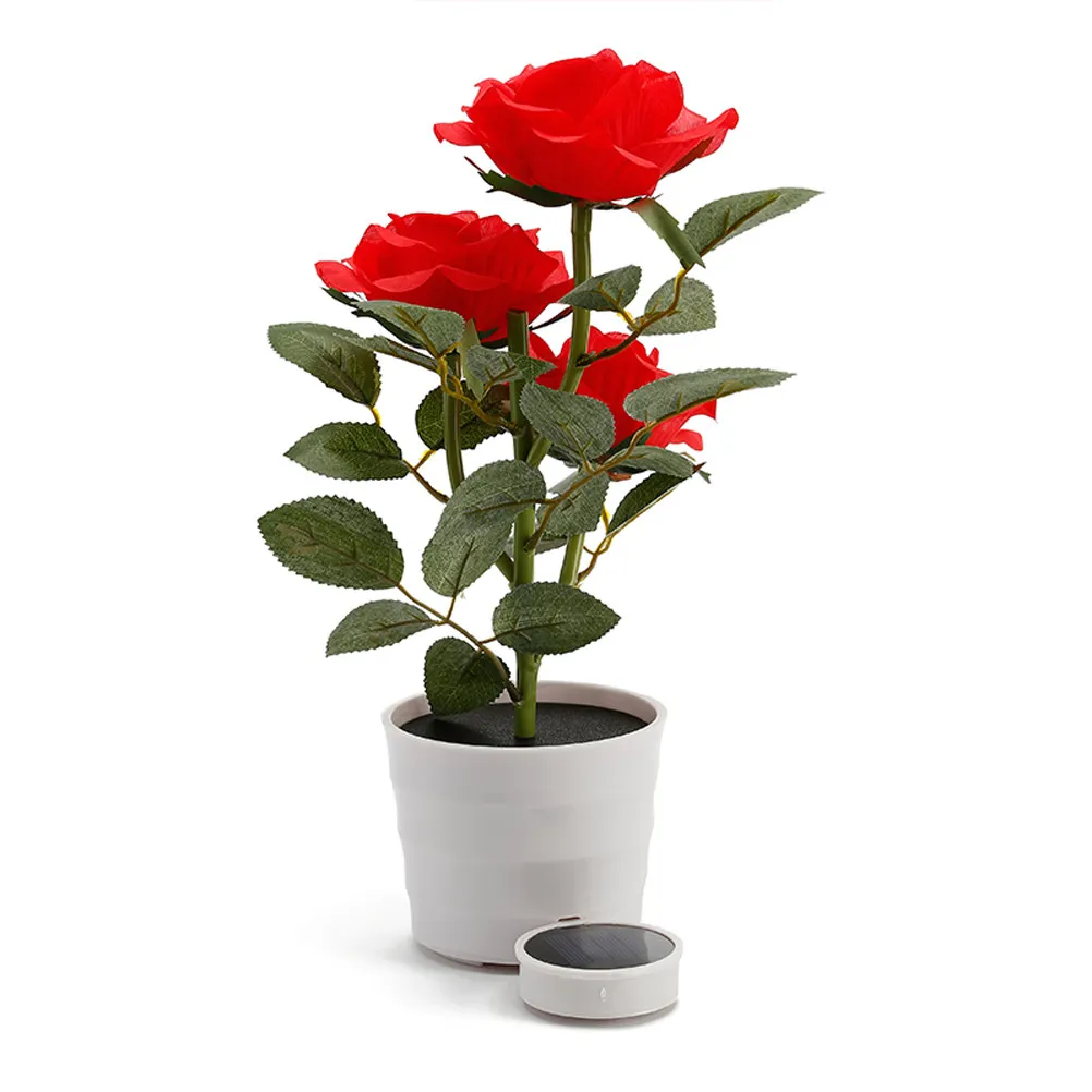 Solar Rose Flower Lights 3 LED Artificial Potted Night Lamp for Home Garden Patio Office Outdoor Decor