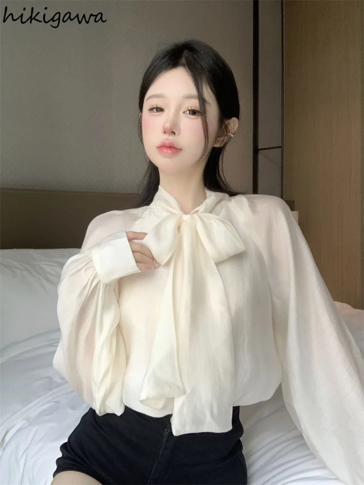 Temperament Ladies Tops Blouses Women Long Sleeve Bandage Bow Vintage Shirts Camisas De Mujer Solid Color Loose Summer  Blouse