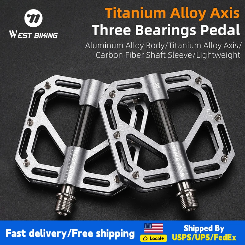 

WEST BIKING Ultralight MTB Pedals 3 Bearings Bicycle Titanium Alloy Axle Flat Pedals Carbon Fiber Sleeve Road Bike Pedals LD-T1