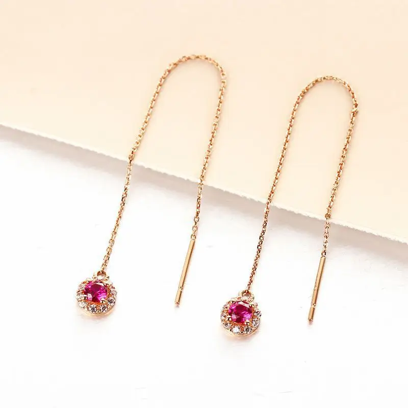 Light Luxury Sweet 585 Purple Gold Earrings for Women Plated 14K Rose Gold Red Gem Long Chain Earings Exquisite Fine Jewelry