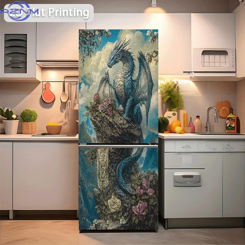 Refrigerator Sticker Blue Dragon Perched on a Flower-Adorned Rock Themed Scene Wall Decal Self-Adhesive Wallpaper Sui