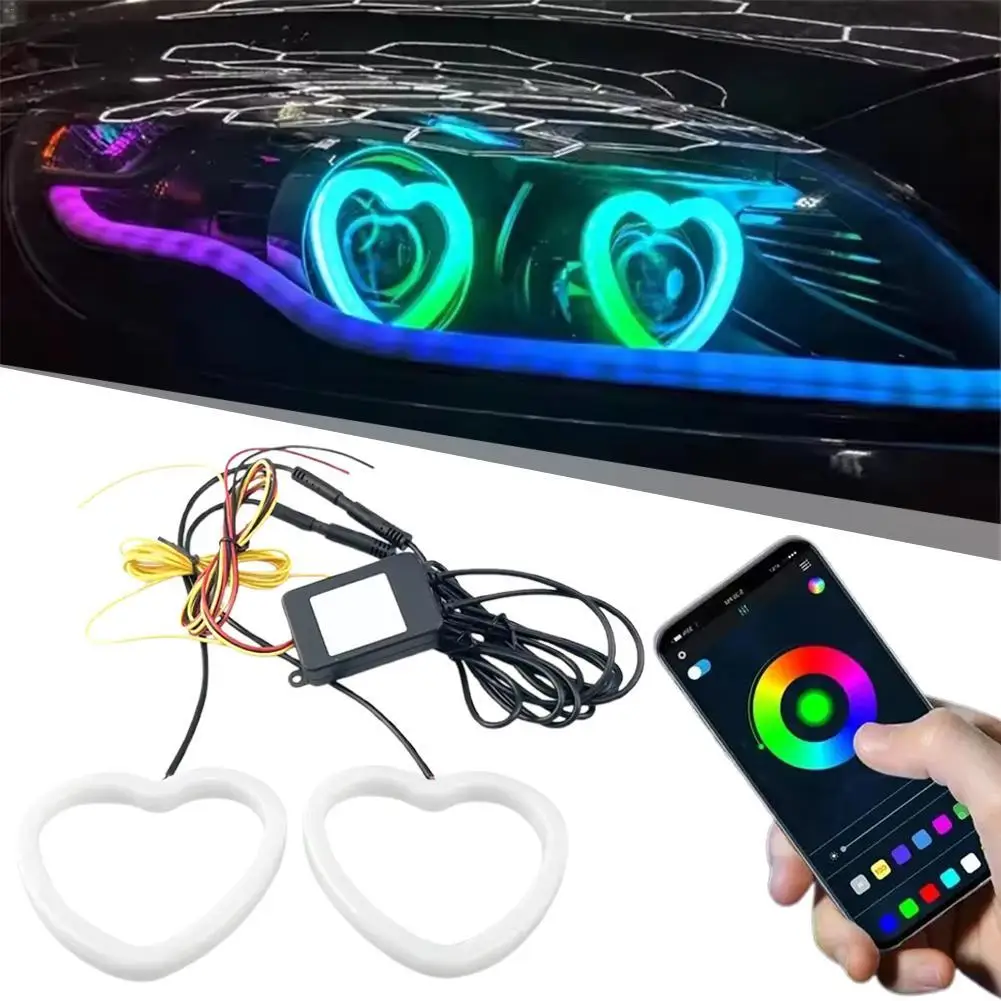 

1 комплект автомобильных Angel Eyes RGB Хлопковые кольца Halo 12 В Светодиодные фары DRL Мотоцикл Angel Eye в форме сердца с янтарным поворотным светом