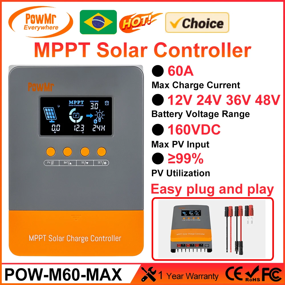 

PowMr MPPT 60A Solar Charge Controller for 12/24/36/48V Battery Max 160VDC PV Panel Input With Big Screen And New Wiring Ports