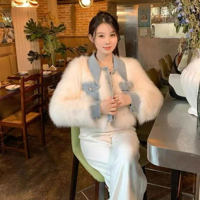 

Модное короткое джинсовое пальто с высокой талией в стиле пэчворк из искусственного меха с утолщенным хлопком, маленькие женские теплые пальто 2026, осень/зима