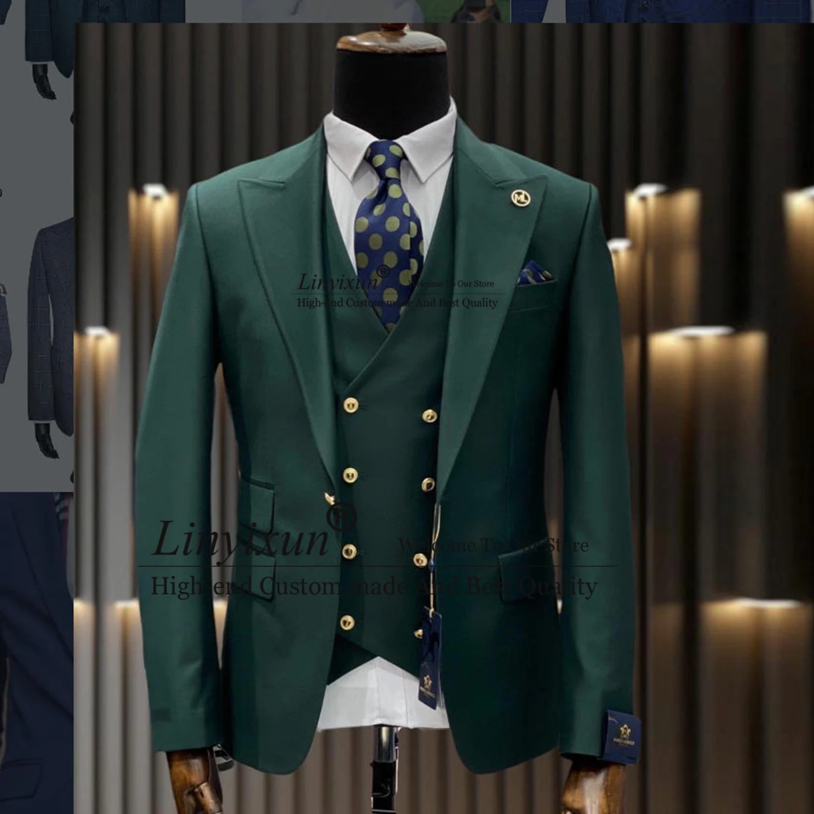

Sparkly Peak Lapel Gold Button Double Breasted Waistcoat 2 Pieces Formal Men Suit Wedding Party Tuxedo Customized costumes homme