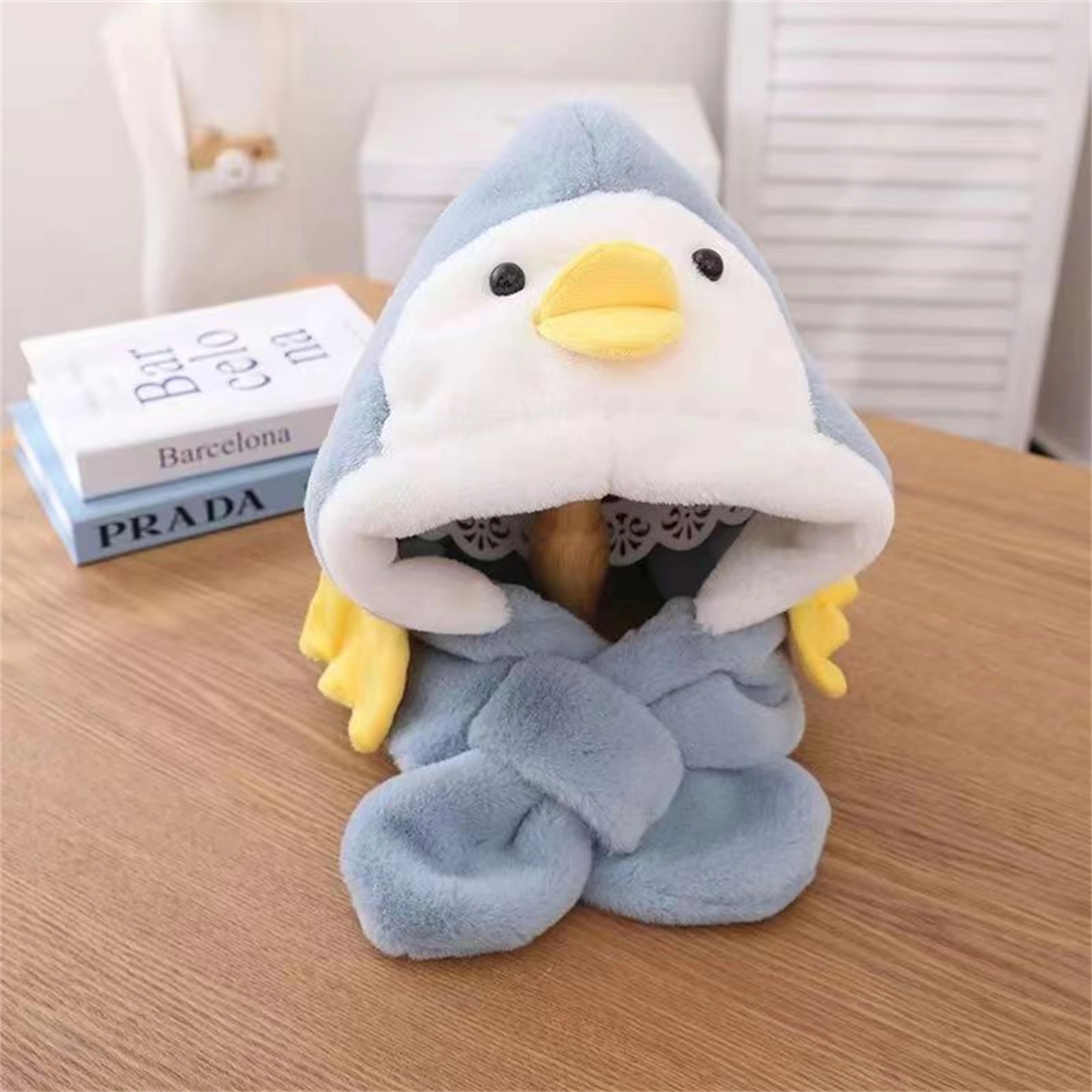 Winter Children\'s Hat Scarf One Piece Set Cute Cartoon Little Yellow Duck Plush Cover Warm Boys and Girls Head Hat