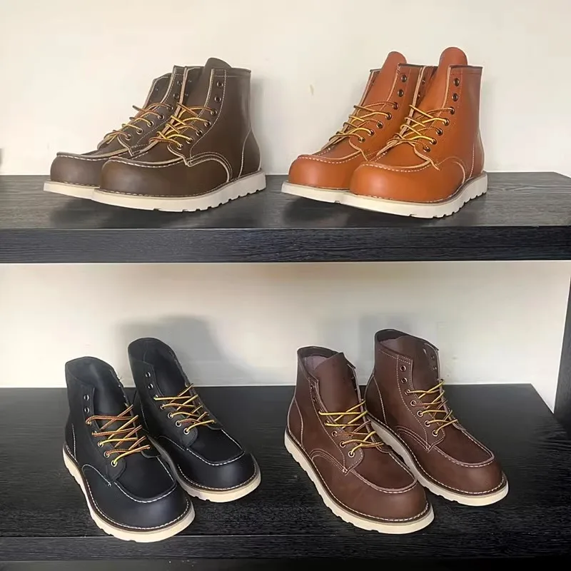 Botas de cuero genuino con punta redonda para hombre, botines cálidos de alta calidad, Estilo Vintage, para nieve, primavera e invierno