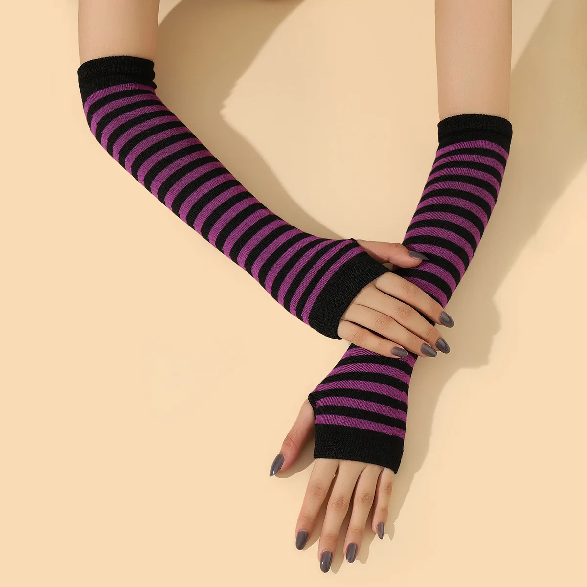 Autumn Winter Students Fashion Stripes Knitting Arm Cuff Dress Up Arm Warmer Fingerless Gloves Women