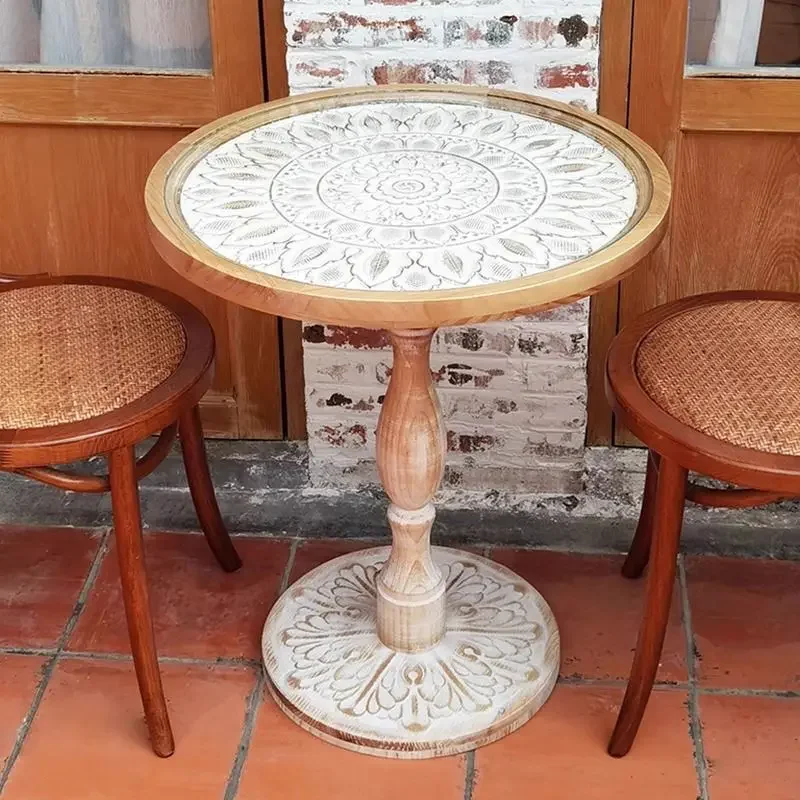 French Retro Sofa Side Solid Wood Antique Corner Table Leisure Small Round Table Moroccan B&B Carved Coffee Table