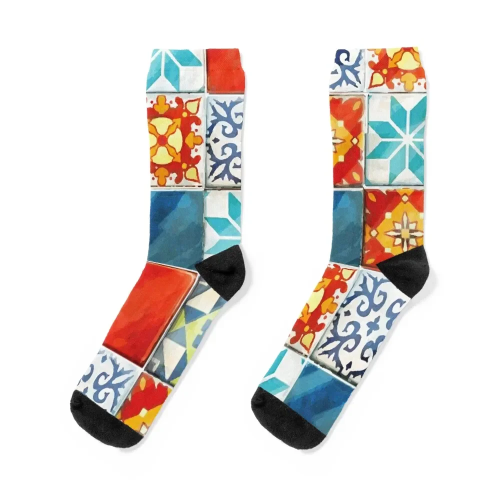 

Colorful azulejos tiles from Azul board game Socks snow winter gifts Boy Socks Women's