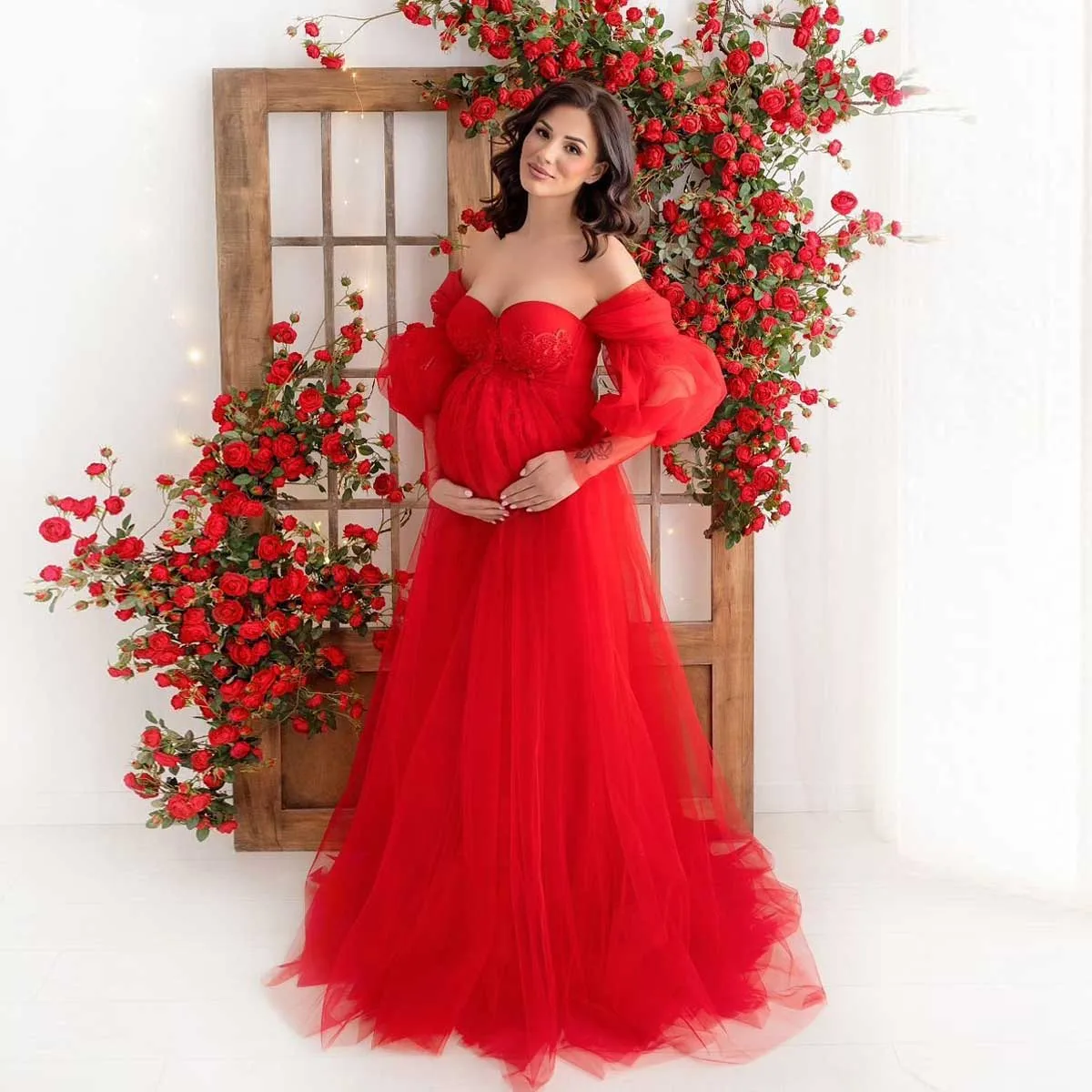 

Elegant Red Tulle Maternity Dresses for Photoshoot Puff Sleeves Applique Babyshower Gown Pregnancy Photography Dress Custom Made