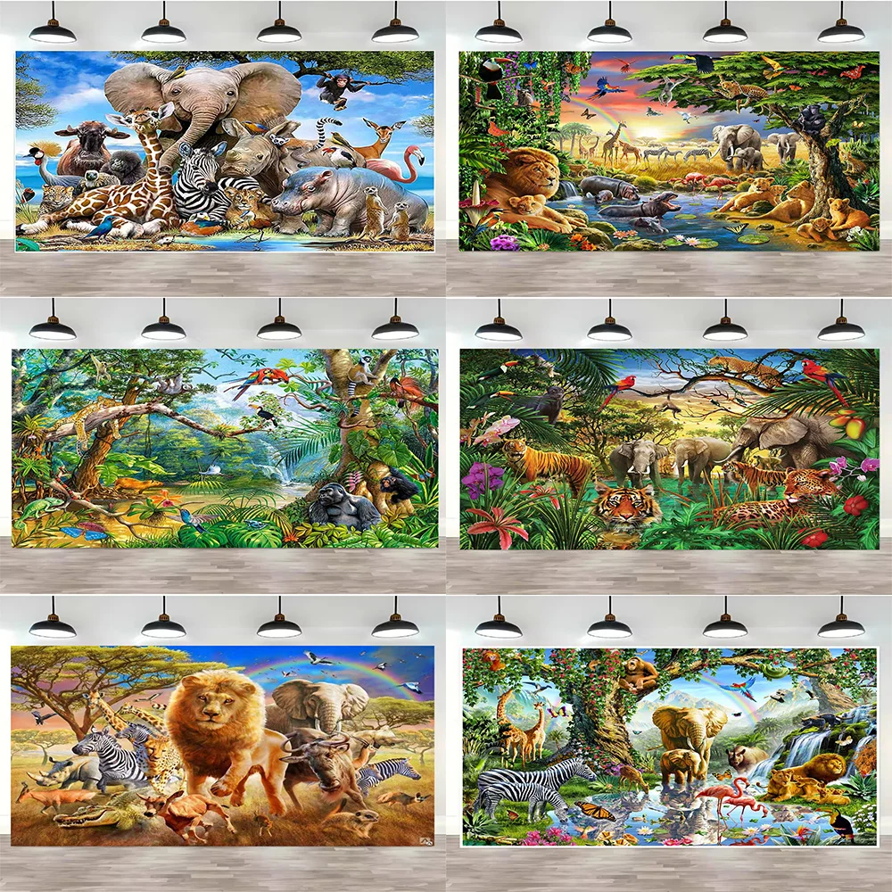 

Jungle Animal World Theme Birthday Backdrop Party Supplies Decor Lion Elephant Zebra Banner for Photozones Booth Baby Kids Gifts