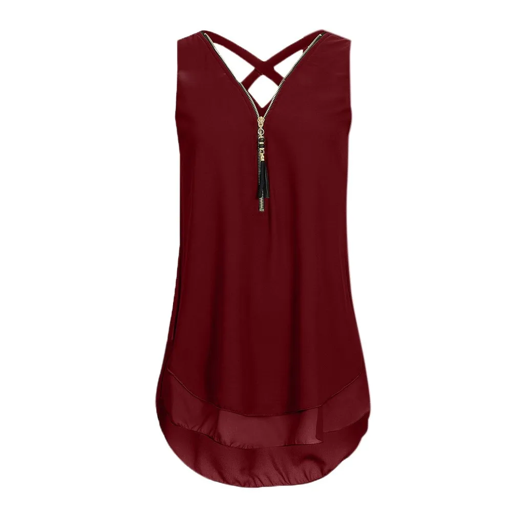 Women Loose Sleeveless Tank Top Back Hem Layed Zipper V Neck T Muscle Tee Sheer Top Women Asymmetric Tunic Beer Top for Women